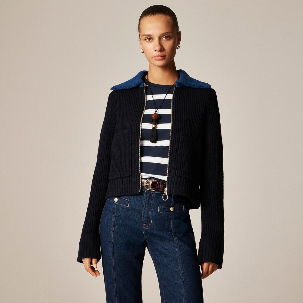 J. Crew Women's Colorblock Collared Full-Zip Sweater Wool Navy Blue Size S NWT